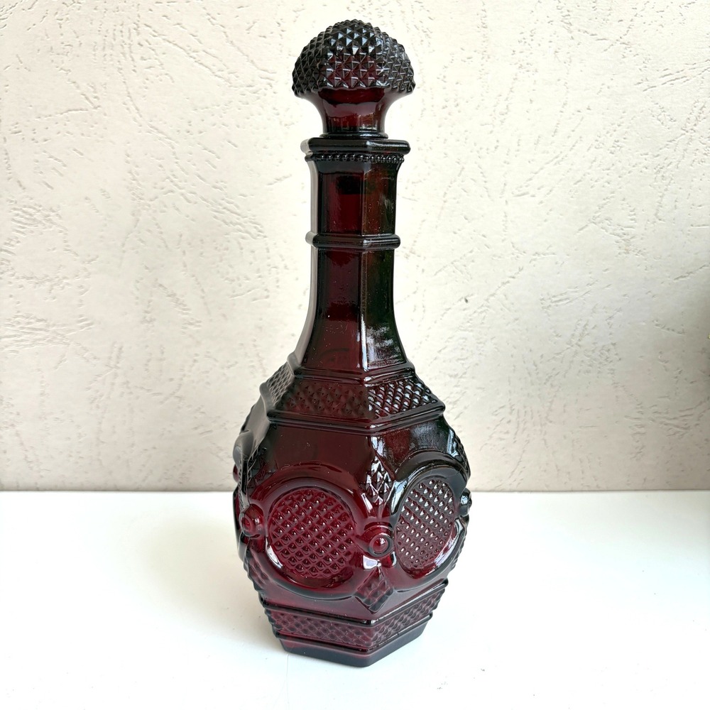 Avon 1876 Cape Cod Collection Wine Decanter Ruby Red Glass Bottle with Stopper